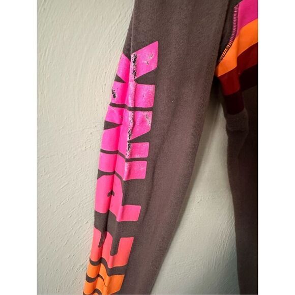 PINK Tan Hooded Sweatshirt with Pink, Orange & Red Stripes Size XS - Picture 6 of 6